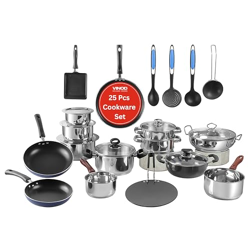 Vinod Kitchen in The Box 25-Piece Stainless Steel Cookware Combo Set | Induction & Gas Stove Friendly | Dishwasher Safe, Stackable, Durable | Essential for Indian Cooking | 2-Year Warranty