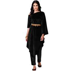 Indya Women's Regular Black One Shoulder Velvet Kaftan with Fitted Pants and Belt (Set of 3) (ICO00277 S)