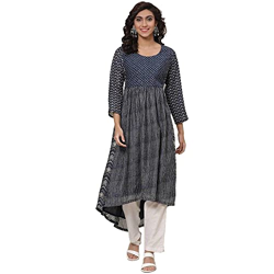 BIBA Printed Round Neck Flared Kurta for Womens (Indigo,Size_32)