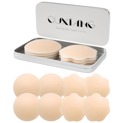 QUXIANG 4 Pairs Pasties Women Nipple Covers Reusable Adhesive Silicone Nippleless Covers (2 Round+2 Flower) Beige