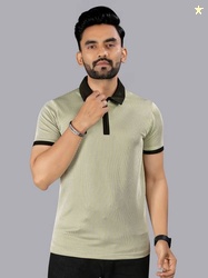 FTX Men Striped Zip Neck Polyester Dark Green T-Shirt