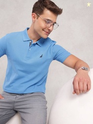 NAUTICA Men Solid Polo Neck Pure Cotton Blue T-Shirt