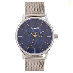Sonata Knot Blue Dial Stainless Steel Strap Analog Watch for Men-NR77105SM04