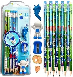 Crackles Shiny Space Theme Wood Thick Strong 10 Pc Pencils with Erasers on top, Sharpener, Eraser and a Pencil Grip Gift Set For Kids, boys and Girls (Assorted, pack of 1)