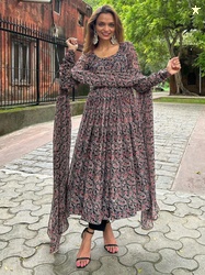Tulip Eden Paisley Printed Georgette Anarkali Kurta WIth Dupatta