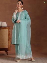 LIBAS Women Silk Blend Kurta Palazzo Dupatta Set