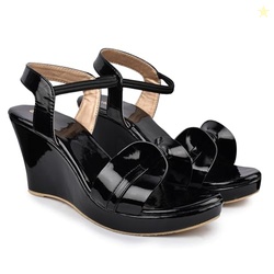 ACTION Signora Women's Platform Heels Signora102-Black-3|Chunky Flared High Heel Sandals |Glossy Open Toe with Ankle Strap Black