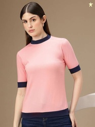 CHEMISTRY WOMEN SOLID ROUND NECK POLYESTER PINK T-SHIRT
