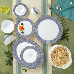 Larah by Borosil Opalware Dinner Set | 61 Pcs for Family of 8 | Microwave & Dishwasher Safe | Bone-Ash Free | Crockery Set for Dining & Gifting | Plates & Bowls (Emerald Weave)