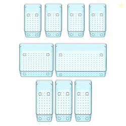 Sulfar 9pcs Bathroom Drawer Tray Dividers Plastic Vanity Organizers Storage Bins For Makeup Dresser Tray (4M+3L+1B+1XL) Blue