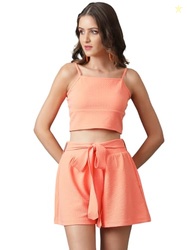 KOTTY Women's Top with Shorts Co-Ords(Orange,M)