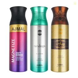 Ajmal 1 Magnetize for Men & Women, 1 Raindrops Femme for Women and 1 Wisal Dhahab for Men Deodorants each 200ML Combo pack of 3 (Total 600ML)