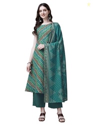 Pratham Blue Kurta Set for Women Cotton Blend Anarkali Printed Kurta Set for women with Palazzos and Dupatta (PB-6010-XL_Green)