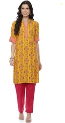 RANGRITI Women Printed Viscose Rayon Straight Kurta(Yellow)