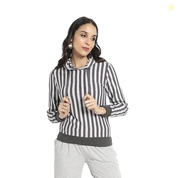 Campus Sutra Women's Dark Grey Candy Striped Hoodie with Ribbed Hem for Casual Wear | Hood Neck | Long Sleeve | Drawstring Closure | Sweatshirt Crafted with Comfort Fit for Everyday Wear (Size - L)