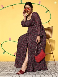 Berrylush Curve Floral Square Neck Georgette Flared Maxi Dress