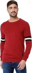 MUFTI Men Striped Round Neck Red Sweater