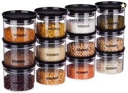 Amazon Brand - Solimo Plastic Storage Jar and Container Set I Air Tight & BPA Free Containers for Kitchen Storage Set I Grocery Kitchen Container Set I Multipurpose Jar, 500 Ml Each, Set 12, Black
