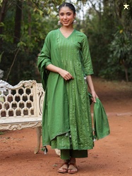 SAVI Striped Angrakha Pure Cotton Anarkali Kurta with Trousers & Dupatta