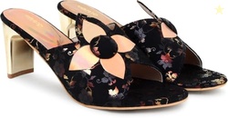 Action Women's Floral Suede Mules| Black with Peach Flower Appliqu| Gold-Tone Heel_Dark_Brown_6