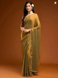 Praveena Designer Embroidered Bollywood Silk Blend Saree(Gold)