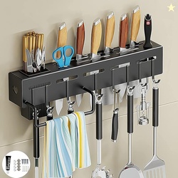 wolpin Stainless Steel Kitchen Shelf & Floating Wall Rack | Knife Holder, Towel Hanger, Spatula & Ladle Hooks | Cutlery Storage Organizer (40 x 5.5 x 7.4 cm, Multi-Purpose)