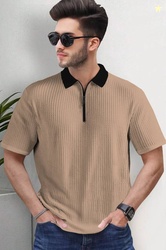 TRIPR Men Self Design Polo Neck Cotton Blend Beige T-Shirt