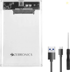 ZEBRONICS CSH01,Transparent Case, Speeds upto 5 Gbps 2.5 inch Shock Resistant SSD Enclosure(For 2.5 SSD/HDD, TRANSPARENT)