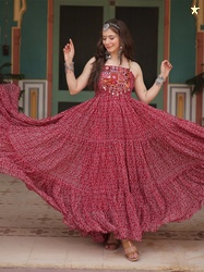 KALINI Bandhani Printed Georgette Halter Neck Fit & Flare Maxi Ethnic Dress