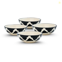 KitchEase Moroccan Print Black Ceramic Chutney & Dip Bowl Set of 4, Mi
