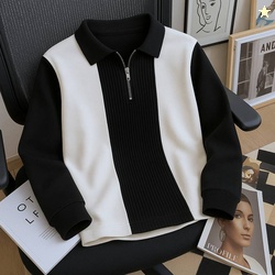 Try This Men Striped, Printed Zip Neck Cotton Blend Black, White T-Shirt