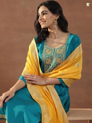 Gerua By Libas Green Floral Yoke Design Scoop Neck Sequinned Straight Kurta With Trousers & Dupatta