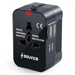Sounce WorldMate Universal Travel Adapter with Dual USB Outlets, Global Plug Support, Fast Charging System, Safety Fuse and Compact Lightweight Body for Reliable International World Travel Use(Black)