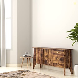 Amazon Brand - Solimo Riposte Solid Sheesham Wood Sideboard with Sliding Doors Natural Finish (3 Drawers, 2 Shelves)