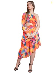PURVAJA Womens One Shoulder Below Knee Length Dress (Floe-032_Orange_Medium)