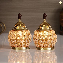 eCraftIndia Set of 2 Golden Brass and Crystal Akhand Diya for Puja - Diya for Diwali, Navratri - Brass Diya for Pooja Room, Home Temple Decor - Diwali Diya - Diwali Decoration Item for Home Decor
