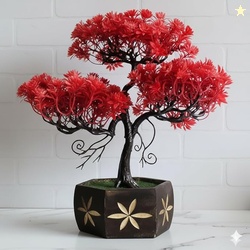 Kawai Homes Artificial Japanese Bonsai Plant - RED Foliage Edition with Elegant Wooden Style Pot