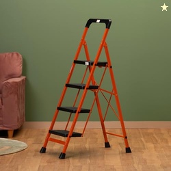 BonKaso Premium Steel Multipurpose Climb Easy Anti-Slip 4-Step Foldable Ladder with Safety Clutch Lock, Support Handle and Tool Tray for Home - (Orange & Black)