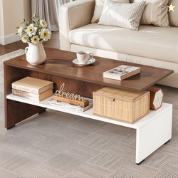 ABOUT SPACE Coffee Table - Portable Wooden Centre Table with Open Partition Storage - DIY Furniture - Sofa Tea Poyee for Living Room, Home, Office (White & Walnut - L 90 x B 40 x H 43 cm)