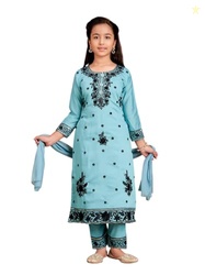 Aarika Girls Ethnic Wear Turquoise Colour Thread Sequin Embroidery Kurti Pant Set With Dupatta-(4-10 Years)-(KP-9540-FIROZI-24)