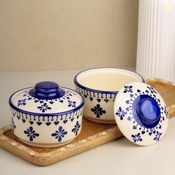 The Earth Store Blue Drape Multipurpose Ceramic Donga Set of 2, 500 ML Serving Bowls with Lids | Donga Set with Lid for Kitchen | Perfect for Gifting, Daily Use, Any Occasion