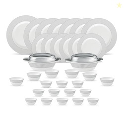 La Opala Diva Velvett Collection Opal Glass Crockery | for Family of 6 | Dinner Set 35 pcs Imperial Grey | Plates & Bowls for Dining | Microwave Safe | 100% Vegetarian | Extra Strong | Light & White