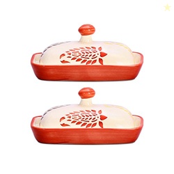 Caffeine Ceramic Stonwear Handmade Red Boota Butter Tray with lid 6