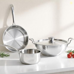 SOLARA Sterra Stainless Steel Cookware Set of 3, Frying Pan 22cm(1.7L) +Kadai with Lid 22cm (2.3L) +Sauce Pan 16cm(1.7L), Triply Thick Bottom, Induction & Gas Friendly, 3-Layer Bottom, Cookware Combo