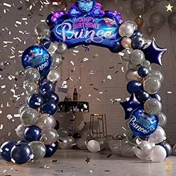 ITAF Set of 35 Pcs For Girls-a Pink Happy Birthday Princess Crown,2 blue star Foil Balloons, 2 Printed Happy Birthday Prince,10 White,blue Metallic Balloons each