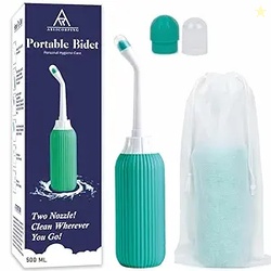 ARLICORPING 500ML Plastic Retractable Handheld Bidet Portable of Antislip, Angled Nozzle Spray Easy to use Portable Bidet with Travel Bag (Green)