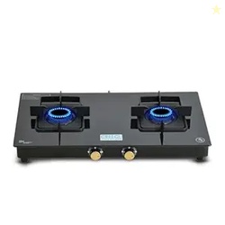 Cello Black Pearl 2 Burner Toughened Glass Top Gas Stove, Brass Burners, Black Finish Brass Manual Gas Stove, 1 Year Warranty (2 Burner)