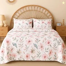 HOMEKART Cotton Double Bedsheet with Pillow Covers | 144 TC Soft & Breathable Luxury Bed Sheet | Leaf Printed Bedding for Bedroom | Double Bed Size 90 x 90 Inches | Baby Pink & Pastel Floral
