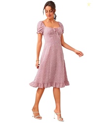 Dream Beauty Fashion Women's Polyester Printed A-line Square Neck Half Sleeve Knee-Long Dress (Dress Momo)