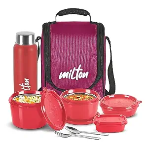 MILTON Pro Lunch Box with Steel Cutlery, 3 Microwave Safe Inner Steel 